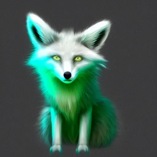 Prompt: digital chill green and whitish fox, retrowave palette, digital world, highly detailed, electric breeze, anatomically correct vulpine, synth feel, fluffy face, ear floof, flowing fur, super realism, accurate animal imagery, 4 k digital art