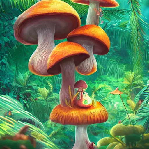 Image similar to Intricate detailed illustration, A small sentient and happy mushroom frolicking in a lush tropical jungle, 🍄 , cinematic lighting, by Philip Hood, wide angle, volumetric light scattering, 8k, artstation, concept art,