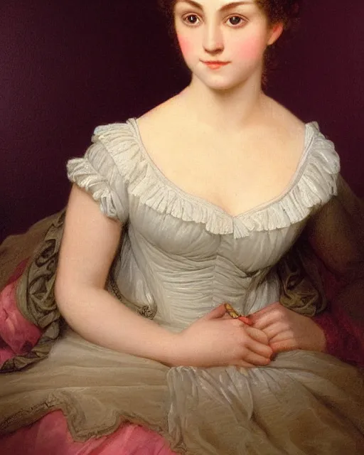 Image similar to regency portrait en buste of annasophia robb violet beauregarde leslie burke by Hughes Merle, by Pierre Auguste Cot, perfectly detailed eyes, realistic fabric, abundant detail
