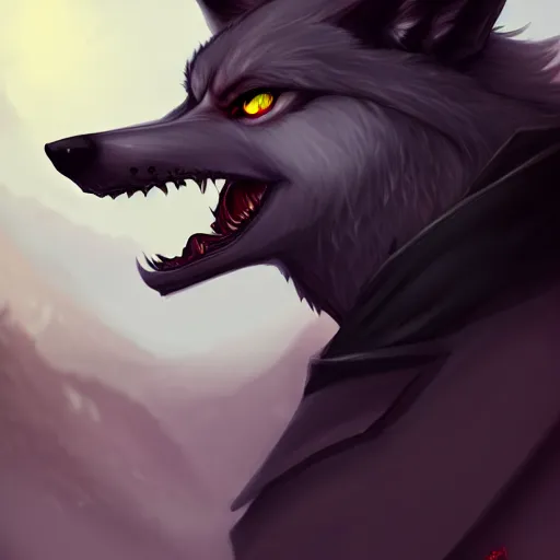 Prompt: an anthropomorphic wolf in a black doublet looking out over the hills, red eyes, artstation hq, stylized, sharp focus, concept art, furaffinity fursona, furry, anthropomorphic, digital art by ayami kojima