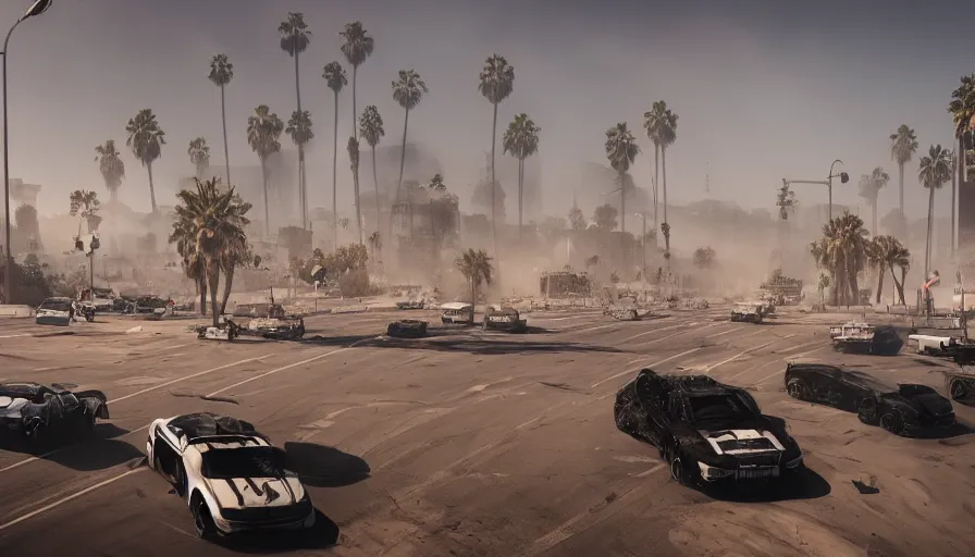 Prompt: los angeles under tons of sand, heat wave, cars in the streets, black smoke, flags, hyperdetailed, artstation, cgsociety, 8 k