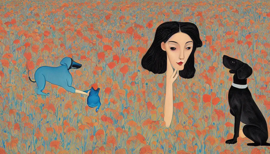 Image similar to a painting of a woman and a dog, a surrealist painting by james jean, behance contest winner, naive art, storybook illustration, egyptian art, whimsical