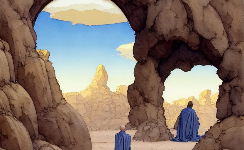 Image similar to a hyperrealist watercolour concept art of a large rock arch dimensional portal in the sky. a medieval monk in grey robes is kneeling in prayer below it on a desert road. by rebecca guay, michael kaluta, charles vess and jean moebius giraud. high detail, hq, wide shot