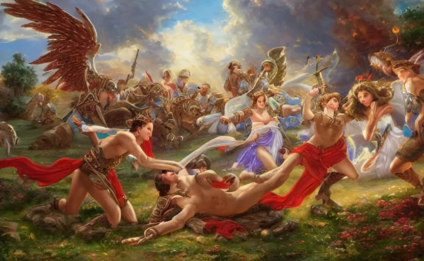 Image similar to The epic battle of elves and angels on the ancient ruins. By Konstantin Razumov, highly detailded