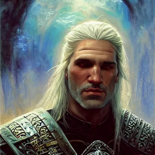 Image similar to geralt of rivia, ethereal, painting by karol bak