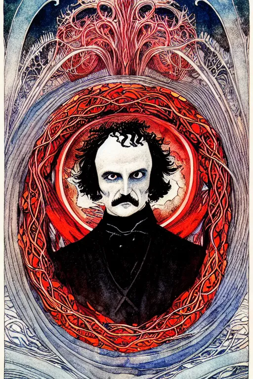 Prompt: realistic symmetrical portrait of edgar allen poe in the center of a red whirlpool frame, detailed art by kay nielsen and walter crane, illustration style, watercolor