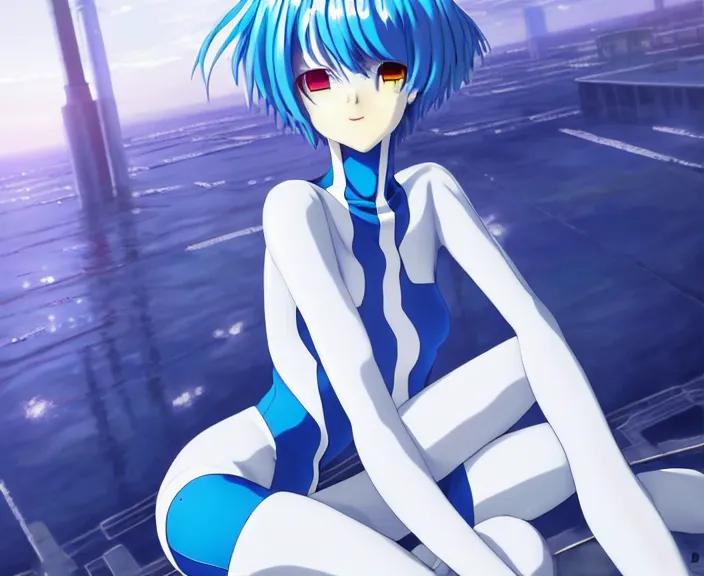 Image similar to anime art, fullbody shot of female rei ayanami, evangelion, long blue hair and large eyes, finely detailed perfect face, in a pale skintight plugsuit, sitting on rooftop, flooded city, trending on pixiv fanbox, by ilya kuvshinov, sola digital arts,, raytracing