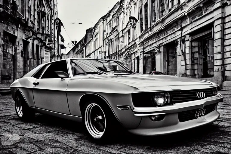 Prompt: audi camaro b 1 ( 1 9 6 9 ) drifting, need for speed : carbon, neon lines, lviv historic centre, ultra phonk, phonk music background, smoke behind wheels, noise, dark, establishing shot