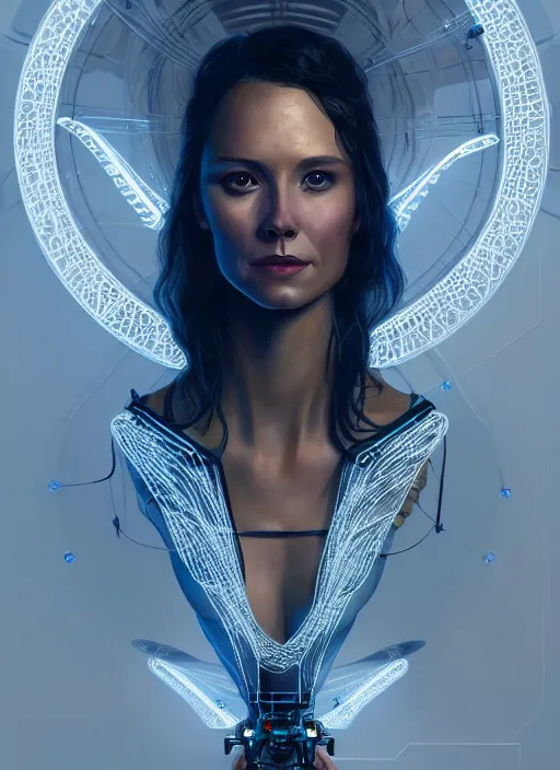 Image similar to portrait of drone host from westworld, intricate, elegant, glowing lights, highly detailed, digital painting, artstation, glamor pose, concept art, smooth, sharp focus, illustration, art by artgerm and greg rutkowski, artey freytag