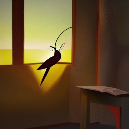 Prompt: a flaming firehummingbird studying in for an exam in a library, next to a window showing a sunset studio ghibli perfect art