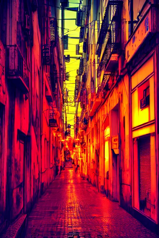 Prompt: neon streets of lissabon, 4 k, award winning photo, cyberpunk style