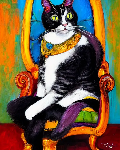 Image similar to cat king on cat throne colorful wayne thibaud portrait