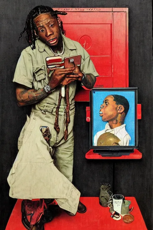 Image similar to lil wayne and his giant iphone painted by norman rockwell
