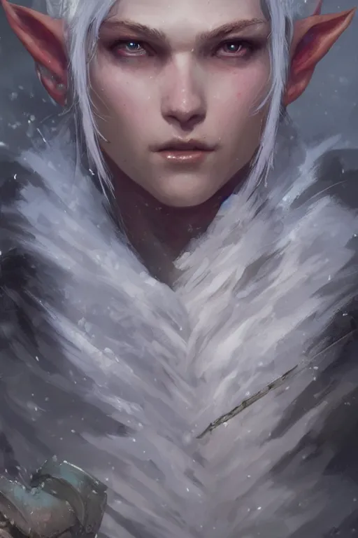 Image similar to dungeons and dragons snow elf character closeup portrait, dramatic light, dungeon background, 2 0 0 mm focal length, painted by stanley lau, painted by greg rutkowski, painted by stanley artgerm, brom, digital art, trending on artstation