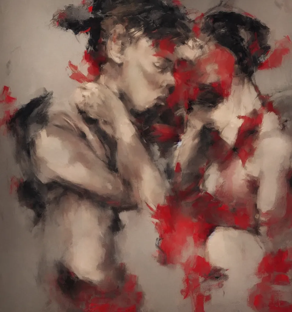 Image similar to spontaneous unfinished romantic portrait under painting, alla prima, beautiful juicy brush strokes, by richard schmid and sargent, dark, black and red, trending on cgsociety, expressionism