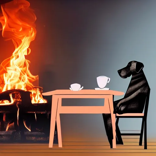 Prompt: a photograph of an human-like relaxed dog in his house, sitting at a table, ☕ on the table, room is on fire, surrounded by flames, a lot of flames in the room, smoke under the ceiling