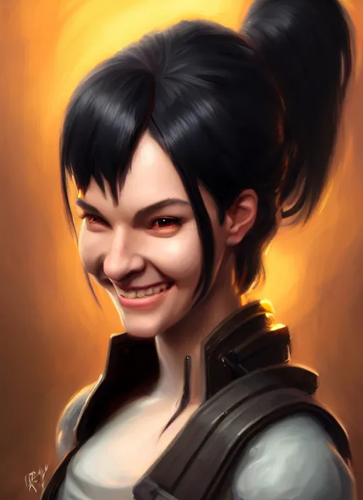 Image similar to a _ fantasy _ style _ portrait _ painting _ of woman, ponytail black hair, smile, round face, engineer rpg dnd oil _ painting _ unreal _ 5 _ daz. _ rpg _ portrait _ extremely _ detailed _ artgerm _ greg _ rutkowski _ greg