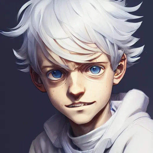 Image similar to Portrait of Norman from the promised neverland, white hair ,highly detailed, digital painting, artstation, concept art, sharp focus, illustration, art by greg rutkowski and alphonse mucha