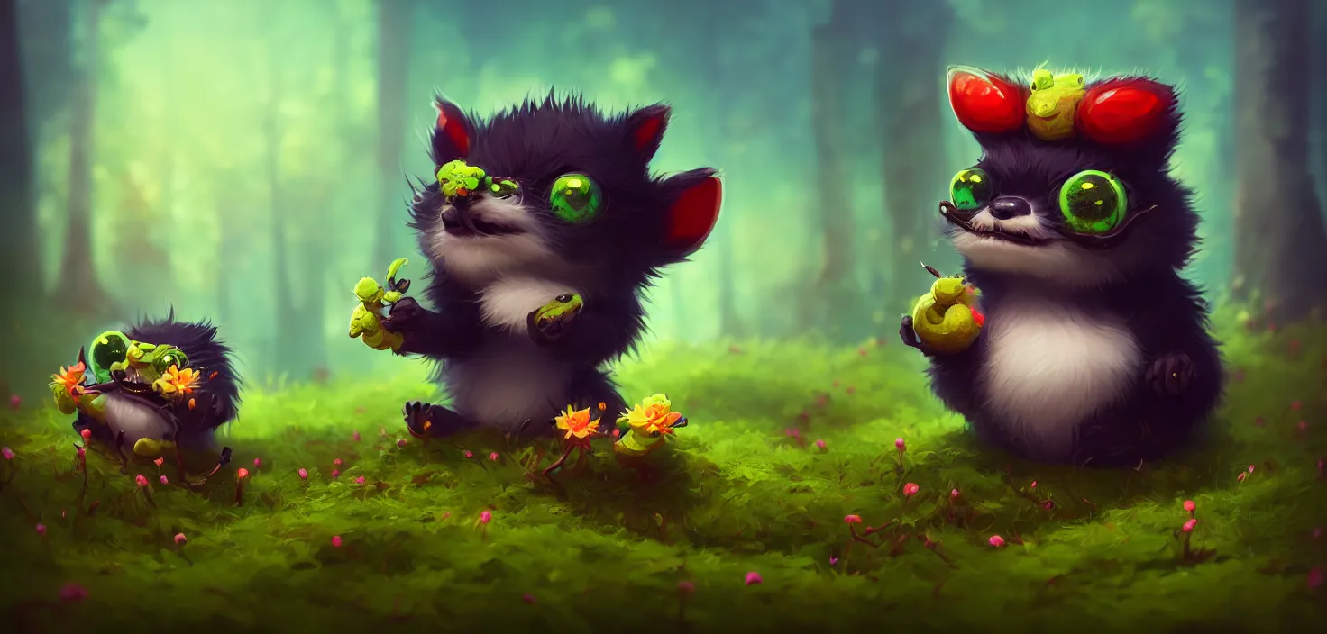 Prompt: forest, cute fluffy funny nibbler with beauty eyes sitting in grass flowers, in the style of craola, shallow depth of field, highly detailed, digital painting, trending artstation, concept art, illustration, cinematic lighting, vibrant colors, photorealism, epic, octane render