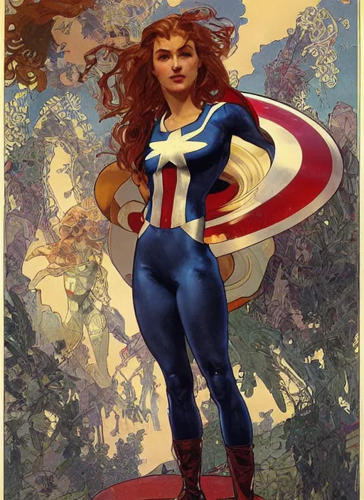 Image similar to slim young woman with a mischievous face and long aubrun wavy hair dressed as superhero in her early twenties, posing with arms tucked behind back, captain america, tight fit, curvaceous, intricate detailed face, amply proportioned, shiny, greg rutkowski, alphonse mucha