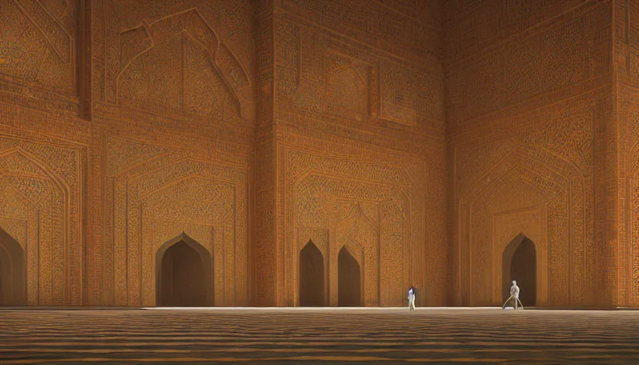 Prompt: the inside of a monument with mughal motifs, by tim blandin and arthur haas and bruce pennington and john schoenherr, big windows architecture by zaha hadid, octane render, cinematic, scenery, cgsociety, modernism, futuristic, trending on artstation, sci - fi, high detail, high quality, close up angle, people walking