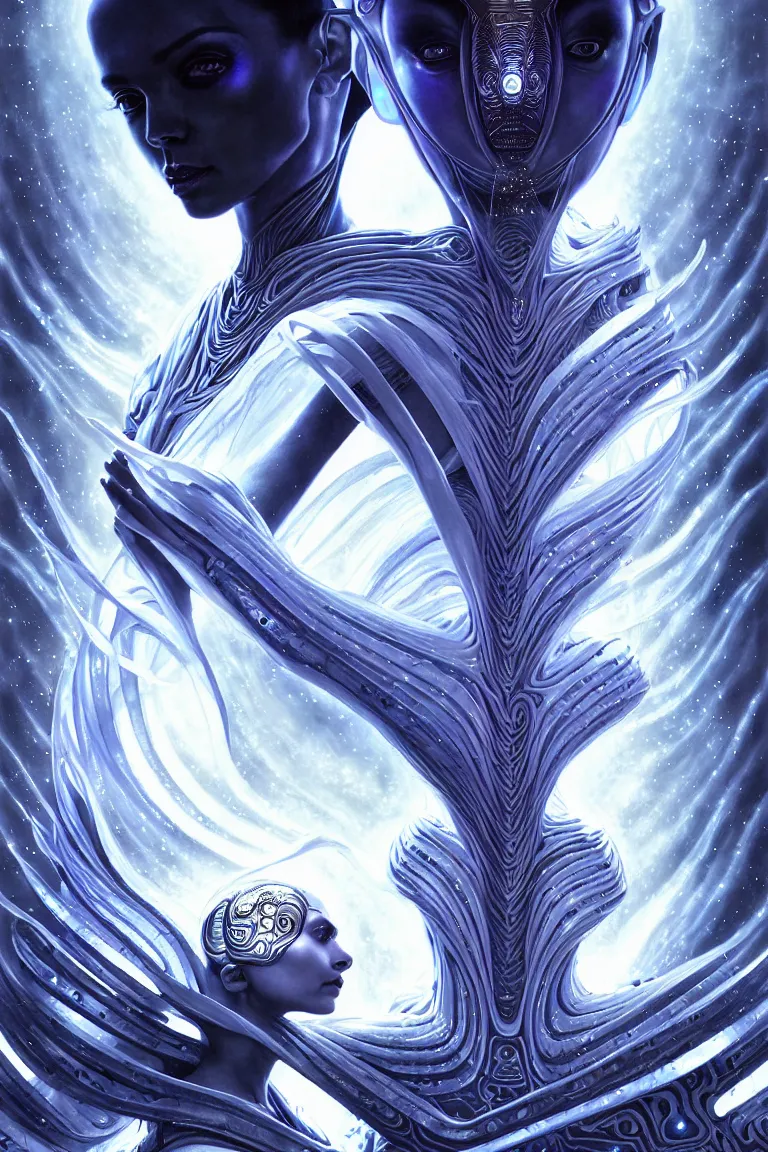 Image similar to epic stunning alien machine goddess of the black hole in white shimmering robes by android jones alex grey android jones alex grey mark cooper alien beauty goddess epic scale bluehaired timespace goddess with white robes and metallic machine deity artgerm photorealistic detailed hypervivid intense digital art by greg rutkowski max chroma