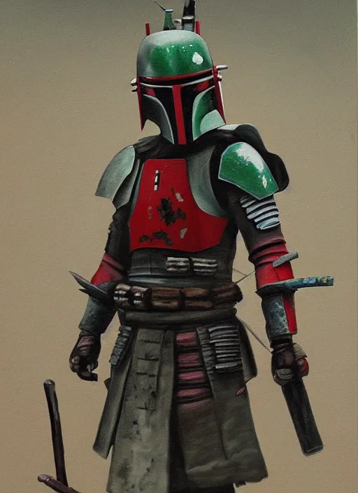 Image similar to a japanese samurai but it's boba fett, very detailed oil painting, dark and realistic, japanese art art