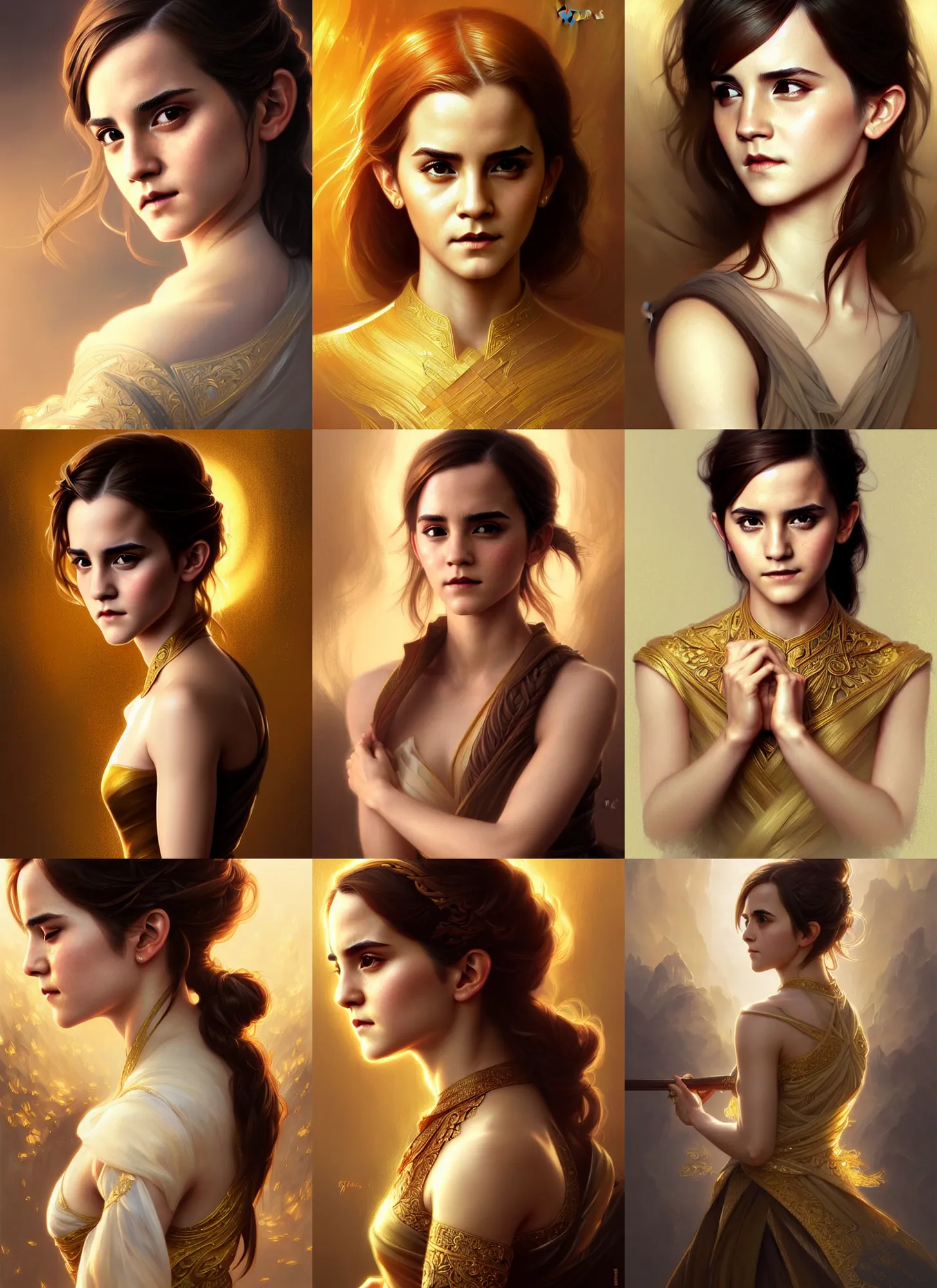 Prompt: asian emma watson portrait, golden, d & d, fantasy, intricate, elegant, highly detailed, digital painting, artstation, concept art, smooth, sharp focus, illustration, art by artgerm and greg rutkowski and alphonse mucha