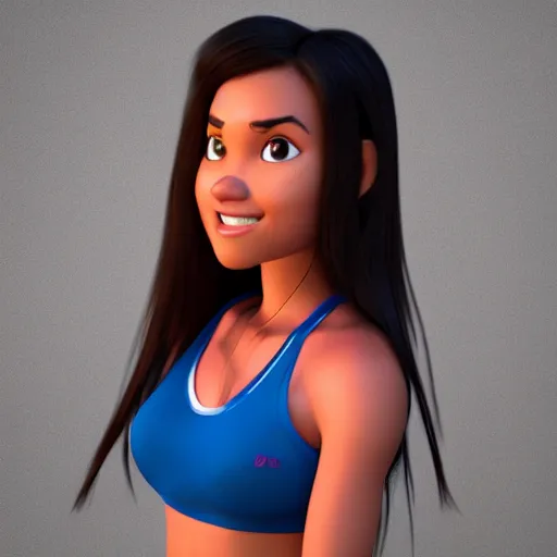 Image similar to young beautiful athletic Filipino woman with long hair posing, depicted as adult Pixar character, high quality cg render, 4k