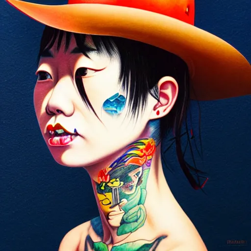 Prompt: full view, from a distance, of taiwanese girl with tattoos, wearing a cowboy hat, style of yoshii chie and hikari shimoda and martine johanna and edward hopper and james gilleard and zdzislaw beksisnski, highly detailed