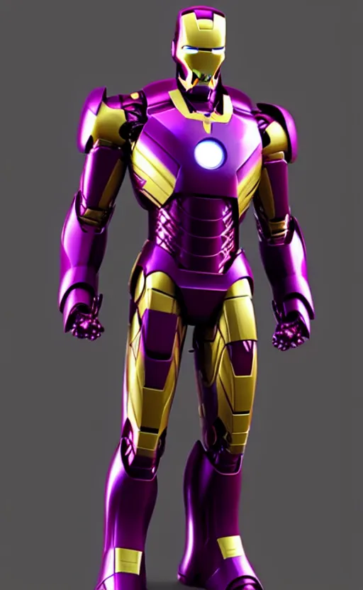 Prompt: iron man's suit but the colour scheme is purple and gold, octane render, photorealistic, realistic shading, cinematic, detailed textures