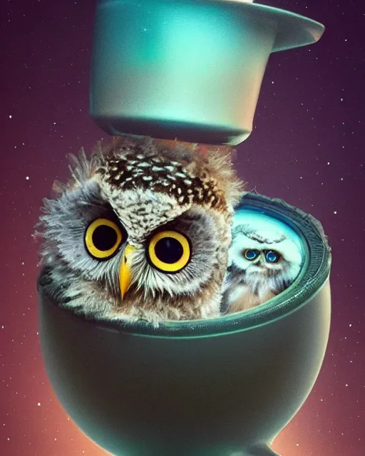 Image similar to long shot of a very cute owl chick nesting in a very futuristic cup, esao andrews, humorous illustration, hyperrealistic, big depth of field, warm colors, night scenery, low light, 3 d octane render, 4 k, conceptart, hyperdetailed, hyperrealistic, trending on artstation