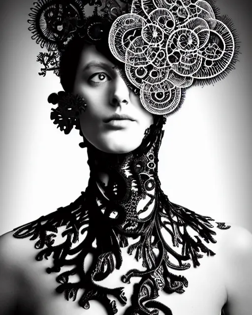 Image similar to surreal black and white photo portrait of complex bio-mechanical beautiful young female vegetal-cyborg with a Mandelbrot fractal steampunk metal fine lace face, a very long neck and a fine metal floral foliage super big lace collar by Alexander McQueen:: smoke, high fashion, haute couture, rococo, steampunk, silver filigree details, anatomical, facial muscles, cable wires, microchip, elegant, dreamy, foggy atmosphere, hyper realistic, 150 mm lens, soft rim light, octane render, unreal engine, picture was taken in 1910 by Man Ray, volumetric lighting, dramatic light,8k,