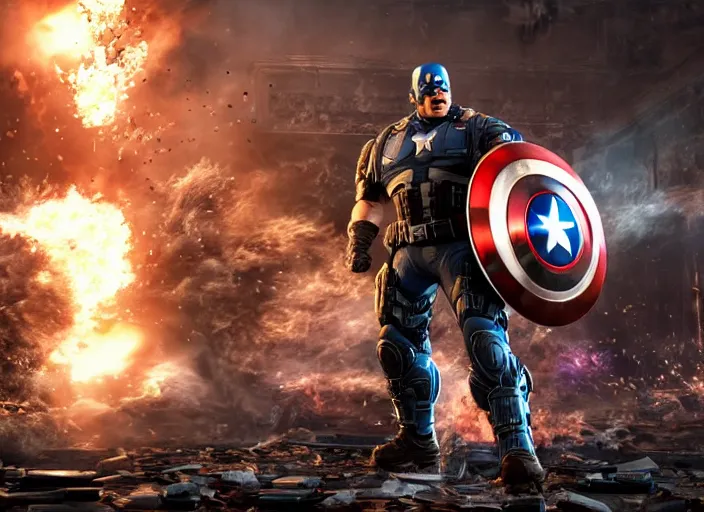 Prompt: trump as captain america in gears of war, splash art, movie still, cinematic lighting, ray tracing, detailed face, octane render, long lens, shallow depth of field, bokeh, anamorphic lens flare, 8 k, hd, 4 k, hyper detailed, 3 5 mm film grain