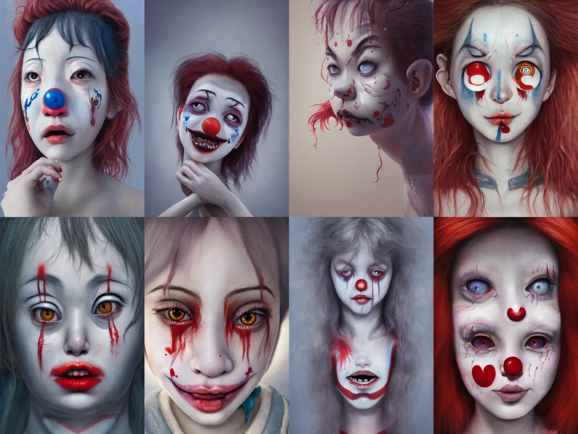 Image similar to detailed painting of clown girl crying, piercing eyes, james jean, miho hirano, hyperrealistic, octane render, ambient light, dynamic lighting