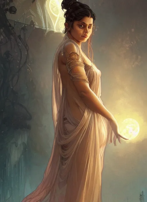 Image similar to cute brown woman wearing a transparent night gown, fantasy, intricate, highly detailed, digital painting, artstation, concept art, wallpaper, smooth, sharp focus, illustration, art by artgerm and greg rutkowski and alphonse mucha