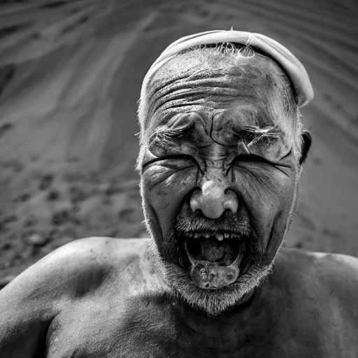 Image similar to screaming old asian man with beard, his head covered in jewels, full face silver mask, glowing eyes, wearing a wooden stick, smoke around him, in the dry rock desert, cinematic shot, wide angle, desert background, award winning photography, 8k, in the style of David Lynch, Alejandro Jodorowsky and Gaspar Noe