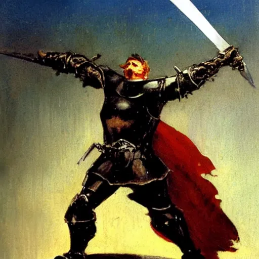 Image similar to a knight raising his sword painted by frank frazetta