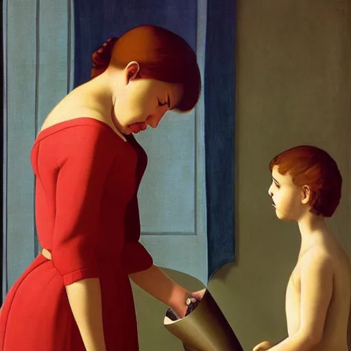 Image similar to a very angry mother is furious with her daughter by Raphael, Hopper, and Rene Magritte. detailed, romantic, enchanting, trending on artstation.