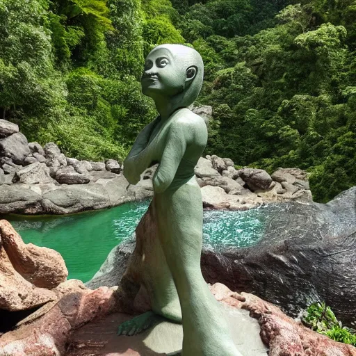 Prompt: Maya stone statue of an alien in front of a beautiful valley with a waterfall in the jungle, award winning photography, 8k