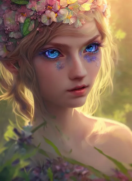 Image similar to portrait of a gorgeous fairy princess of the forest, detailed perfect blue eyes, highly detailed iridescent floral pattern skin, ultra realistic, cinematic lighting, depth of field, artstation, NeoArtCorE