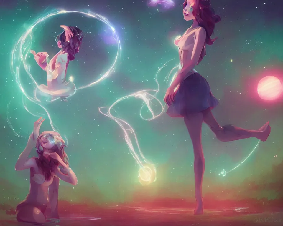 Image similar to beautiful whimsical cat girl standing in a lake in the moonlight, using magic, under a multi-colored binary blackhole with an accretion disc, glowing trails following her arms, wearing professional makeup, acidwave, by Lois van Baarle, by Greg Rutkowski, by artgerm, by beeple, by studio ghibli, cinematic angle, volumetric lighting, 4k resolution, octane render, trending on artstation, masterpiece