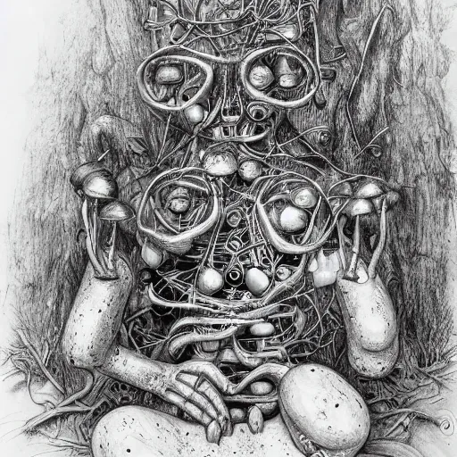 Image similar to A Cybernetic Thinker sculpture, sitting in a open forest, mushrooms and peyote at the base, high detail, b&w, ornate naturalist sketch