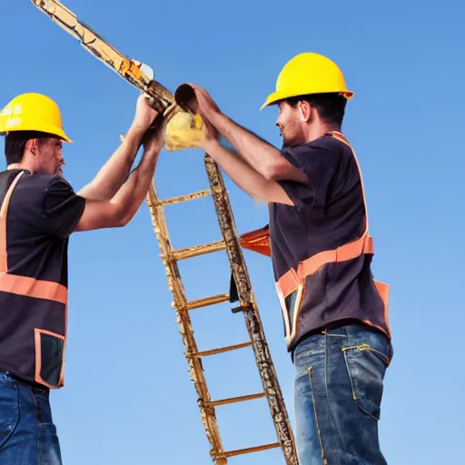 Image similar to two construction workers removing the moon from the sky