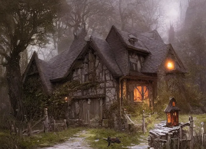 Image similar to The cottage of a witch, a fantasy digital painting by Greg Rutkowski and James Gurney, trending on Artstation, highly detailed