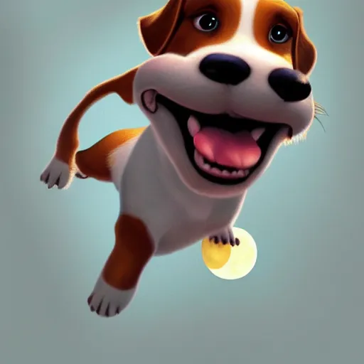 Image similar to cute pixar jack russel terrier, jumping over the smiling moon, concept art, pixar, disney studios, dreamworks animatio, fantasy illustration, artgerm, childrens story book, n