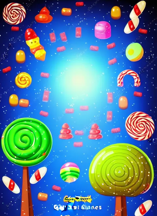 Prompt: candy planet cartoon poster with fantasy alien trees and sweets. magic unusual nature landscape for computer game, fairy tale cosmic background with beautiful strange plants