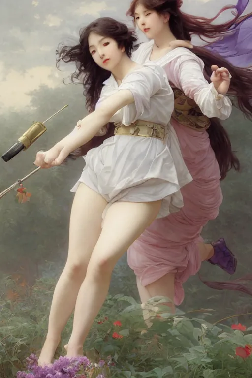 Image similar to Full View of Eunha from Viviz and gFriend wearing a purple military uniform and puffy silk shorts and white leggings. masterpiece 4k digital illustration by Ruan Jia and Mandy Jurgens and Artgerm and william-adolphe bouguereau, award winning, Artstation, art nouveau aesthetic, Alphonse Mucha background, intricate details, realistic, panoramic view, Hyperdetailed, 8k resolution, intricate art nouveau