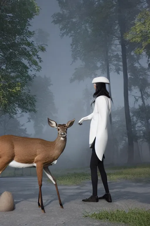 Prompt: a deer wearing a white formal coat talking to a crow, hyperrealistic, concept art, octane render, unreal engine 5, trending on DeviantArt, highly detailed, high quality, 8K, soft lighting, cute, natural lighting, realistic face, trending on Artstation, elegant clothes, profile picture, path traced, house background