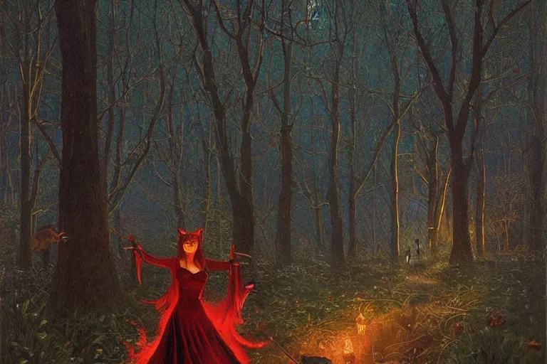 Image similar to the scarlet witch awaits her pursuers, victorian hunters, night time, deep forest, highly detailed, focus, mist nizovtsev, victor